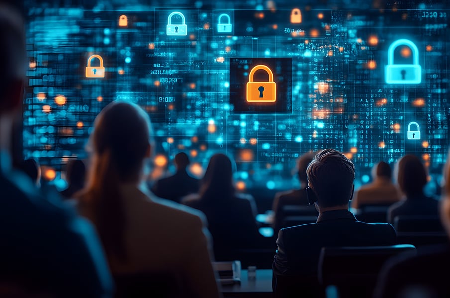 employees in a dark room looking at a presentation screen with cybersecurity icons