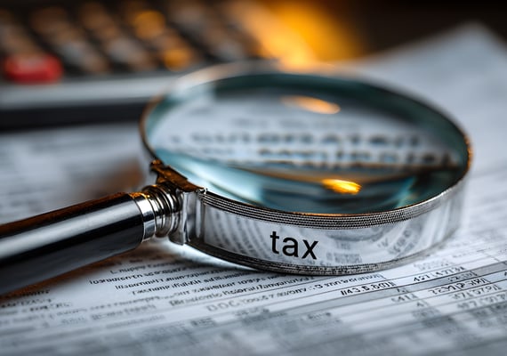magnifying glass with the word tax imprinted and looking at documents