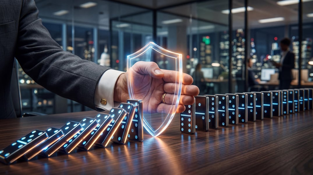 Businessman protecting falling dominoes with glowing shield in modern office