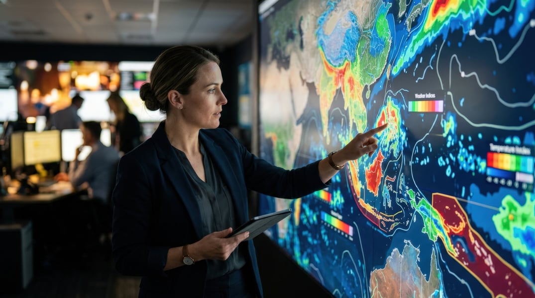 woman studying and pointing to a digital global weather map