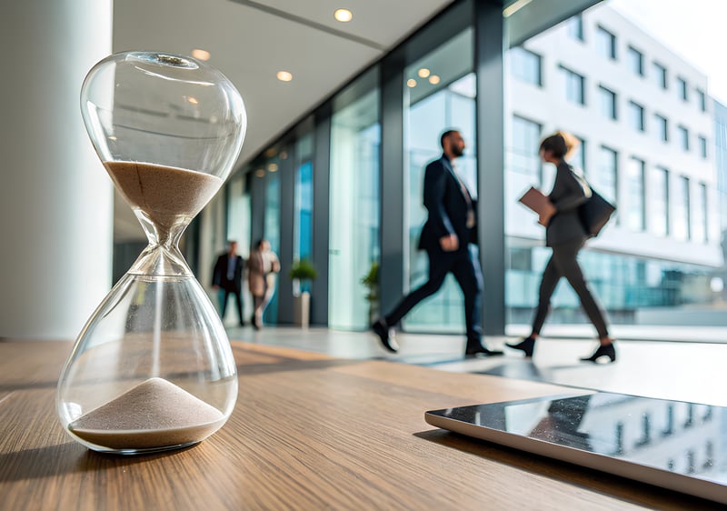business professionals walking in building with hour glass in foreground