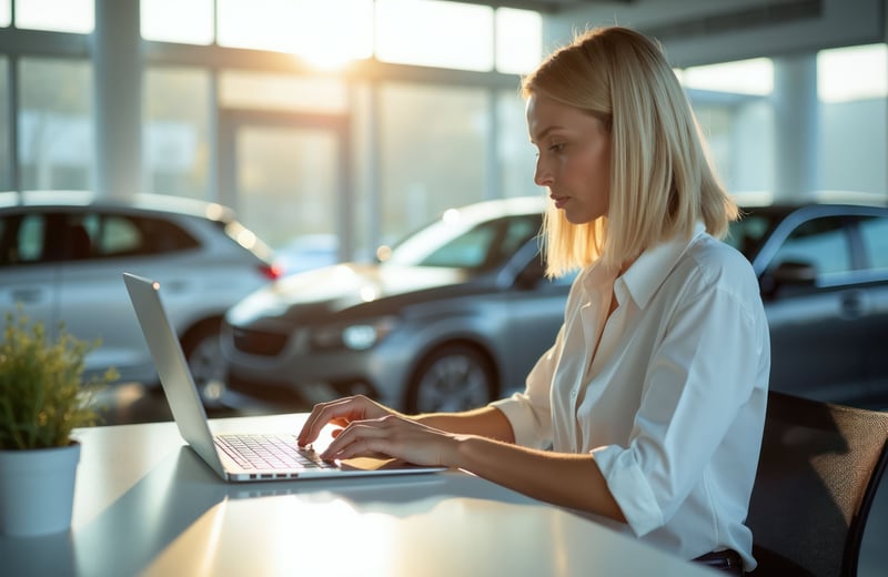woman at desk on laptop with auto dealership showroom in background
