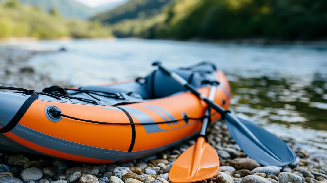 river raft with paddles on beach