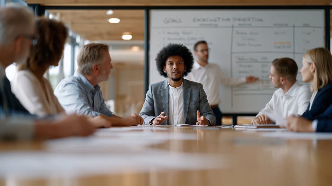 Nonprofit board governance meeting around a polished conference table, seven professionals reviewing printed financial reports and strategic documents, one executive director presenting