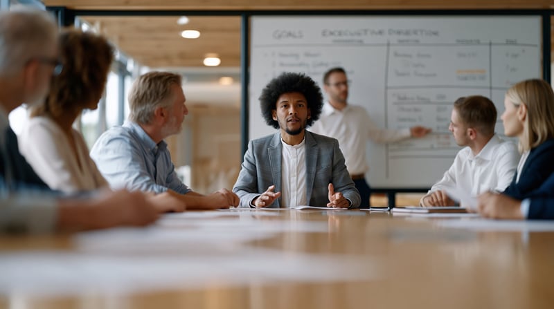 Nonprofit board governance meeting around a polished conference table, seven professionals reviewing printed financial reports and strategic documents, one executive director presenting