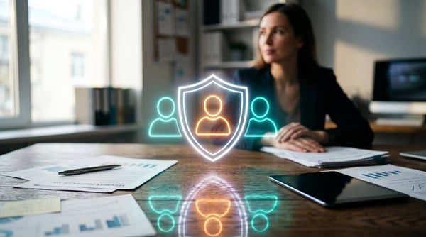 woman at desk with icons of employee symbol with a shield symbol
