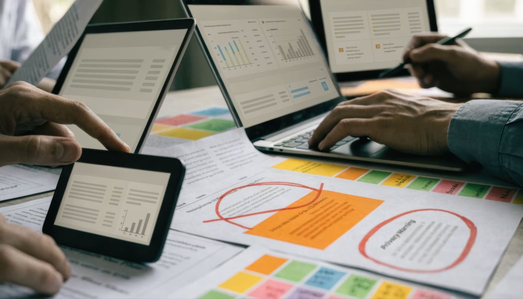 chart and graphs on papers and on laptop screen