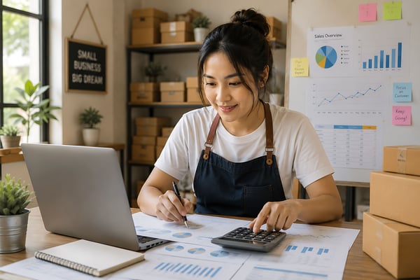 small business owner working at desk with financial papers