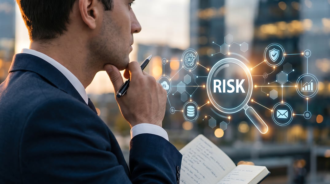 male business professional looking at screens with Risk management icons