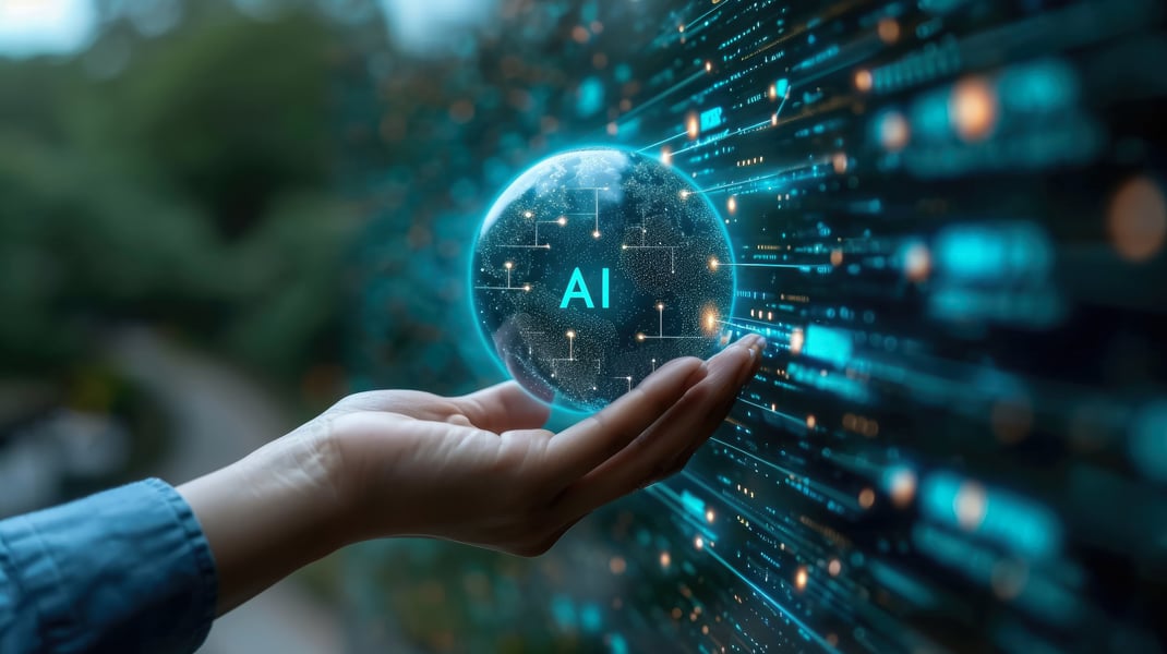 hand holding a digital sphere shape with AI and data icons on it