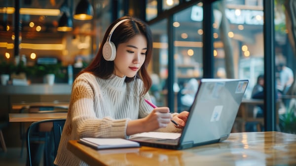 woman looking at computer screen with headphones