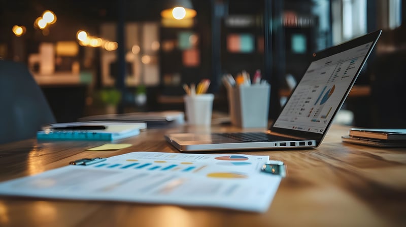 open laptop and paperwork on desk