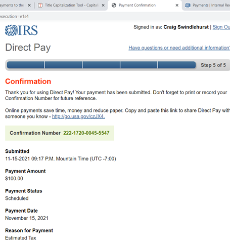 IRS direct pay confirmation