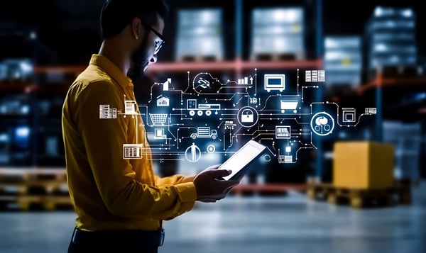 businessman looking at device with computer systems in background