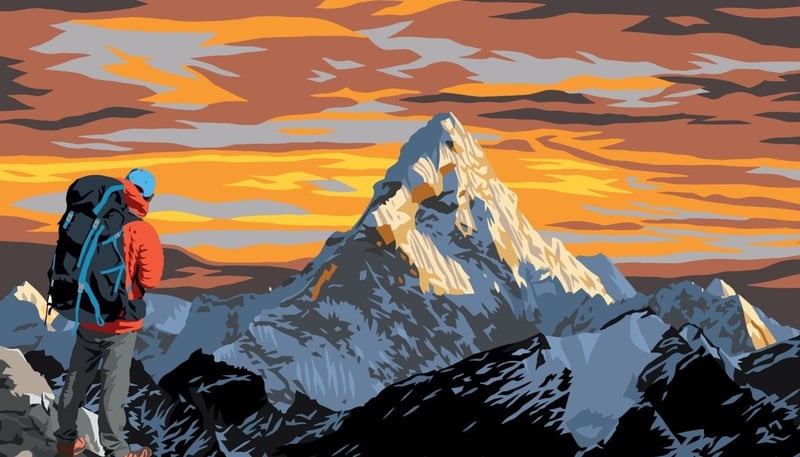 graphic of hiker at top of snowy peak