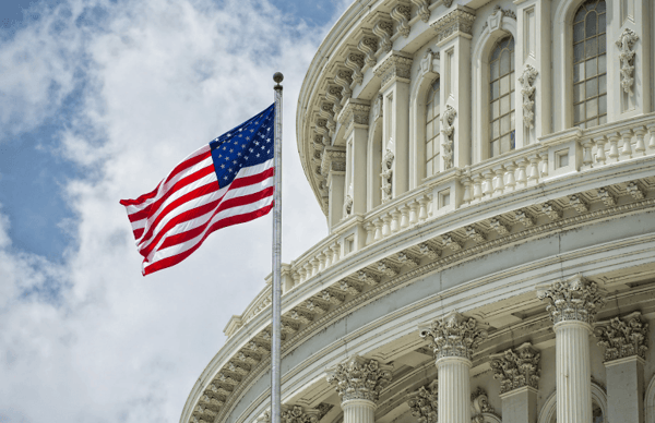 US flag and government building