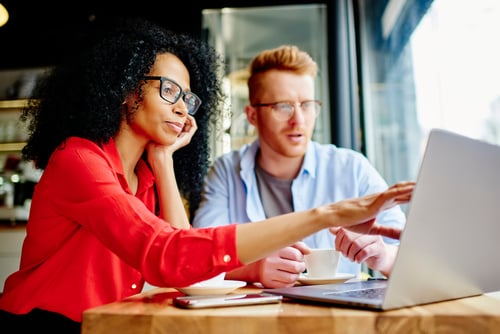 business colleagues review a computer screen