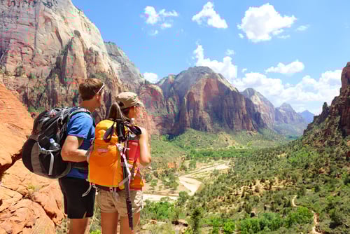 2 hikers at an overlook viewing the landscape