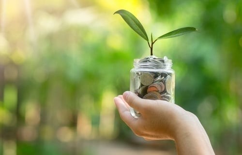 hand holding jar of saved coins and plant to symbolize growth