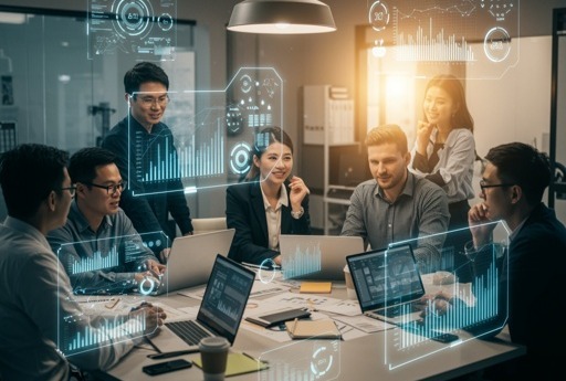 business team around a conference table working with computer AI on screens