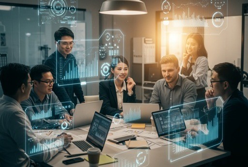 business team around a conference table working with computer AI on screens