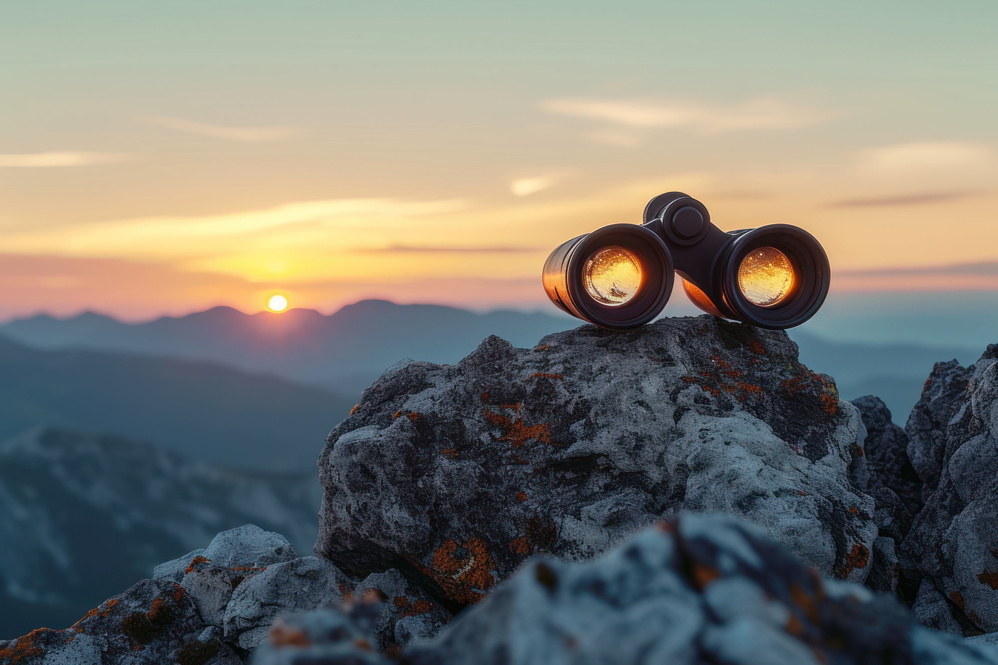 binoculars on a mountain ledge viewing a sunset in the distance