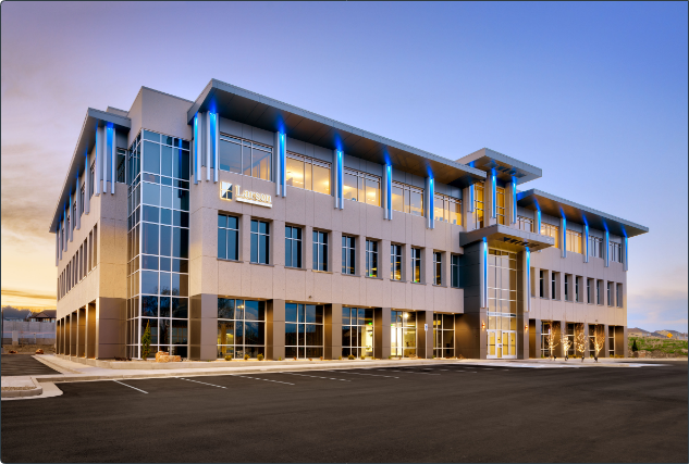 exterior of office building at dusk